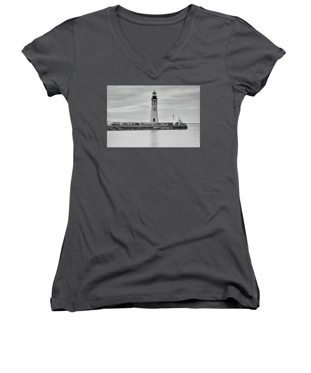 Buffalo Ny Women's V-Neck featuring the photograph 0001 Quiet Lighthouse Bw by Michael Frank Jr