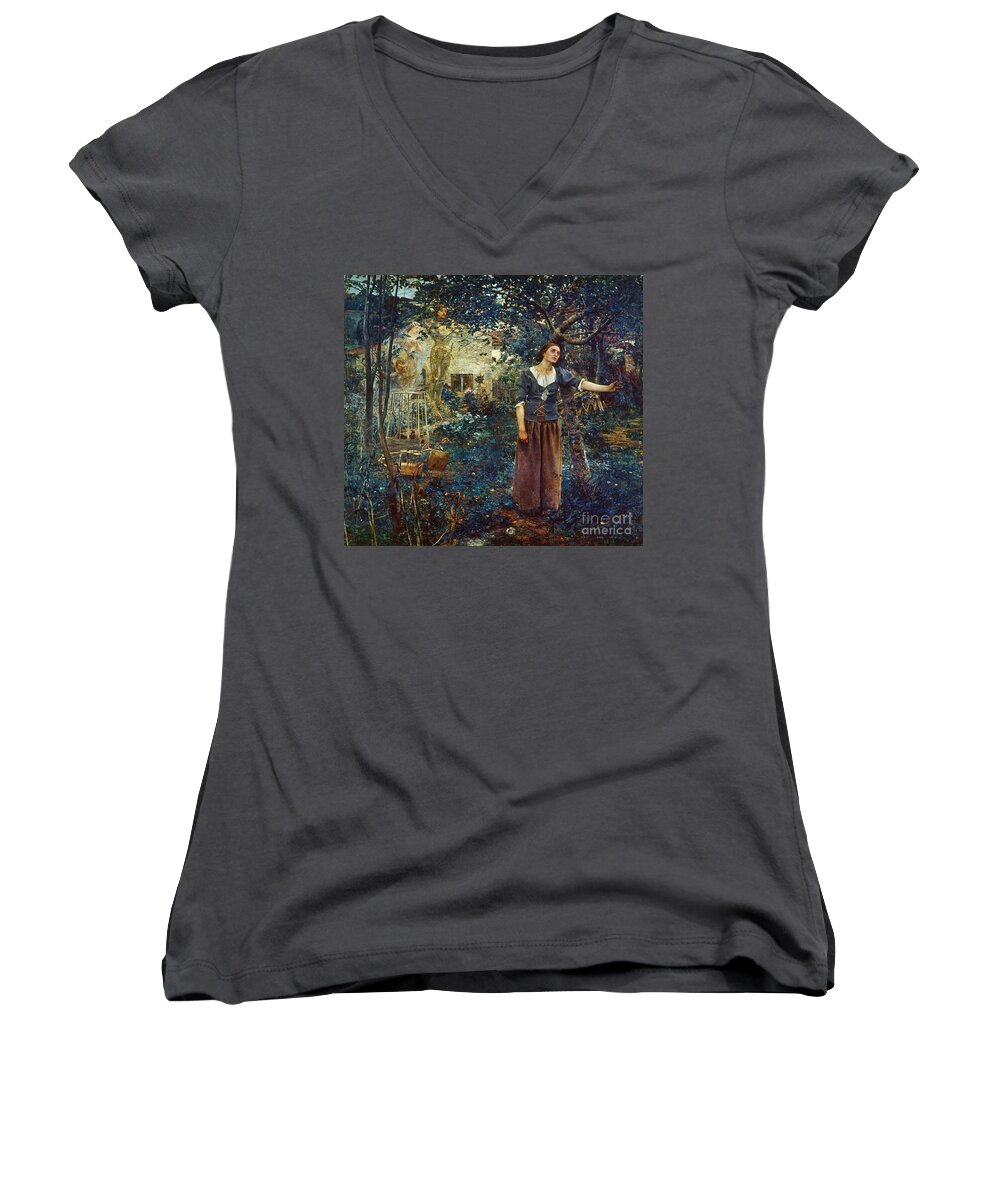15th Century Women's V-Neck featuring the painting JOAN OF ARC c1412-1431 #1 by Granger