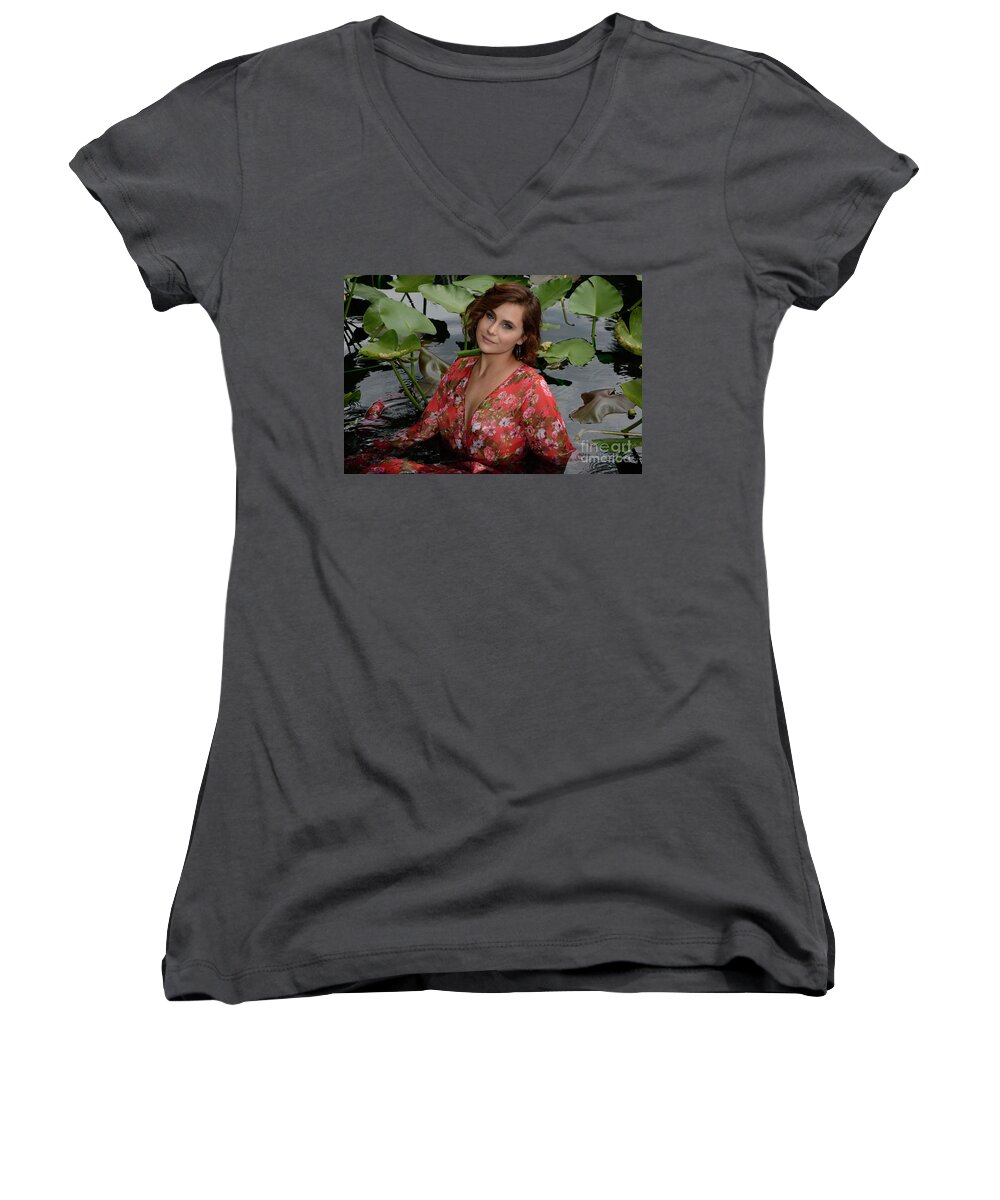 Lady Women's V-Neck featuring the photograph Lady in the pond #1 by Keith Lovejoy