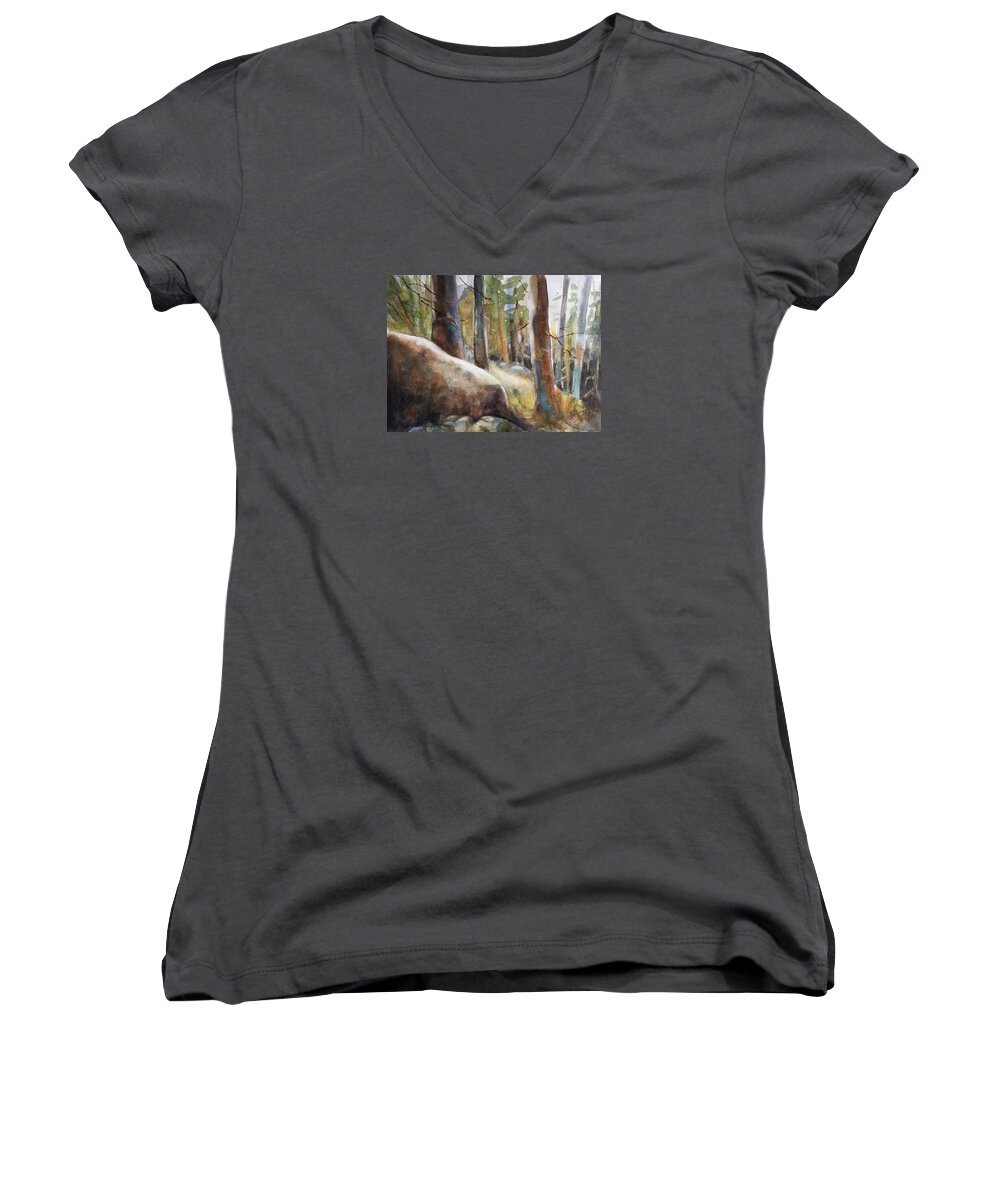Watercolor Women's V-Neck featuring the painting Lost in the Woods #1 by Judith Levins