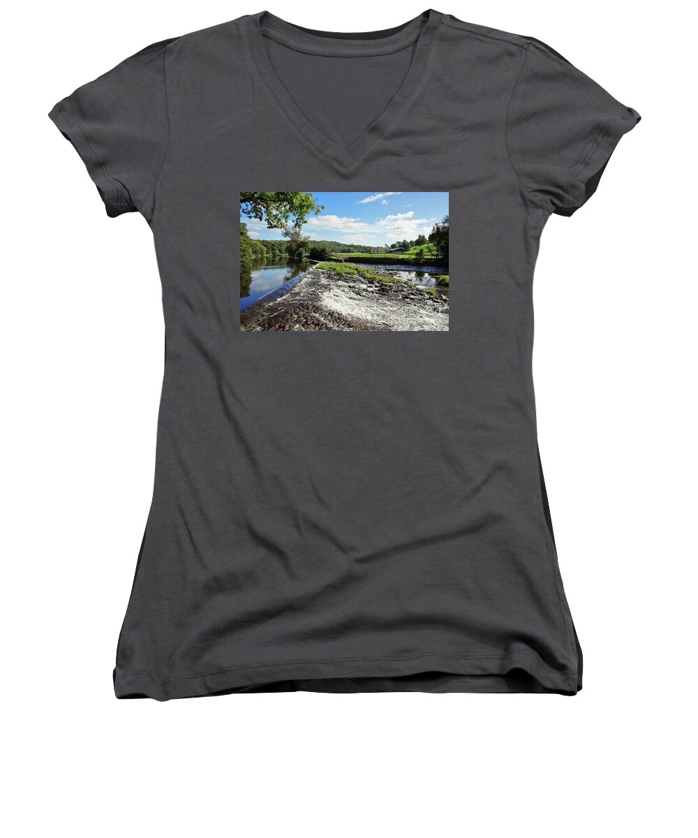 Whalley Women's V-Neck featuring the photograph River Calder weir at Whalley #1 by David Birchall