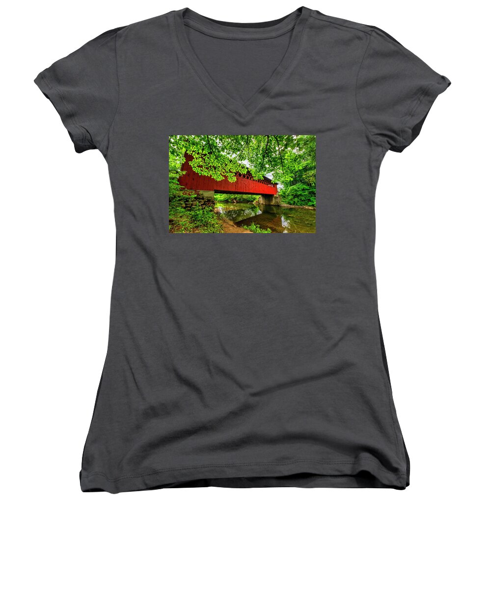America Women's V-Neck featuring the photograph Silk Covered Bridge #1 by Andy Crawford
