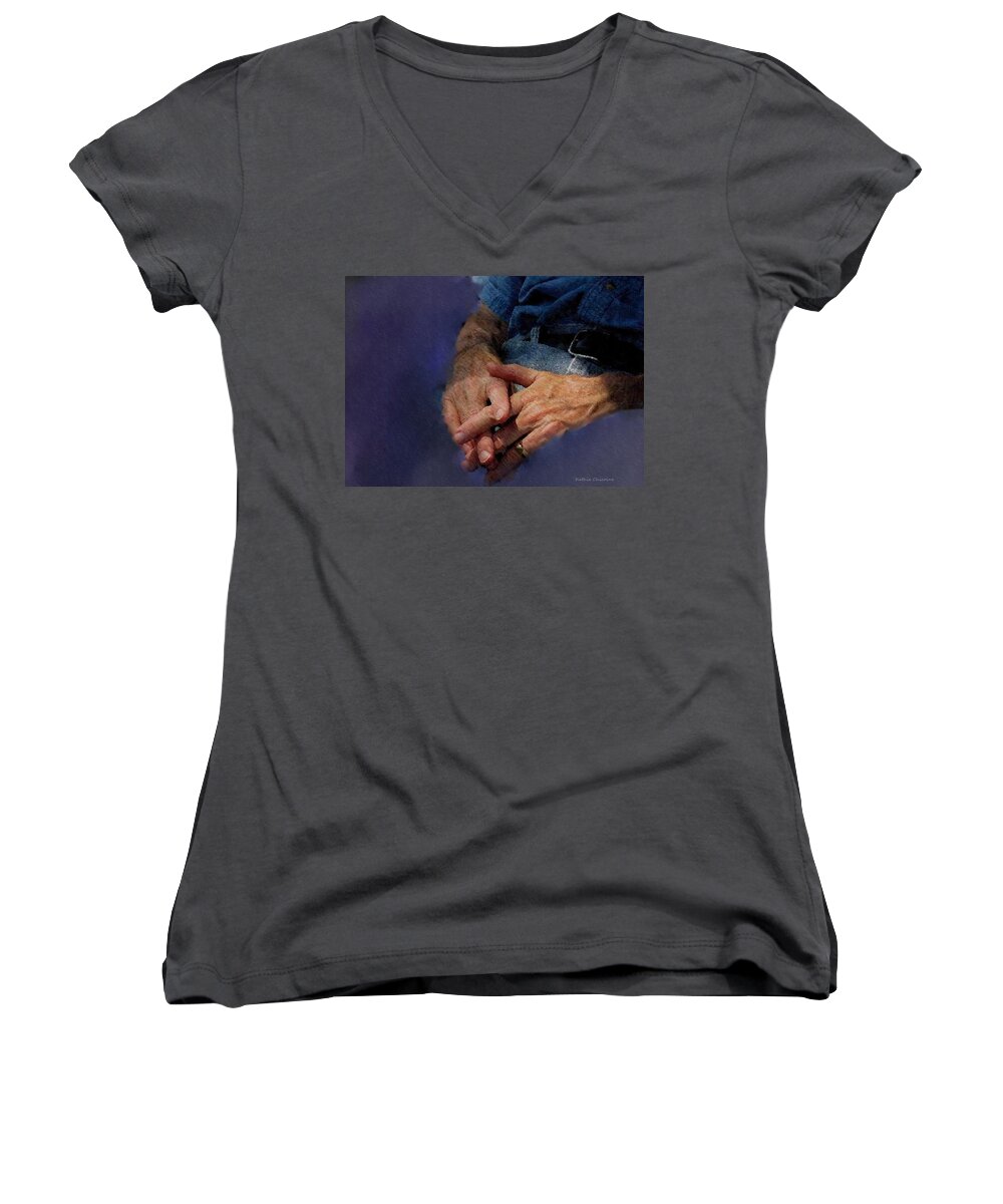 Photographic Art Women's V-Neck featuring the digital art Waiting #1 by Kathie Chicoine