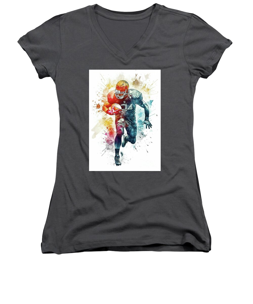 Ai Women's V-Neck featuring the digital art Watercolor abstract representation of American football. #11 by Odon Czintos