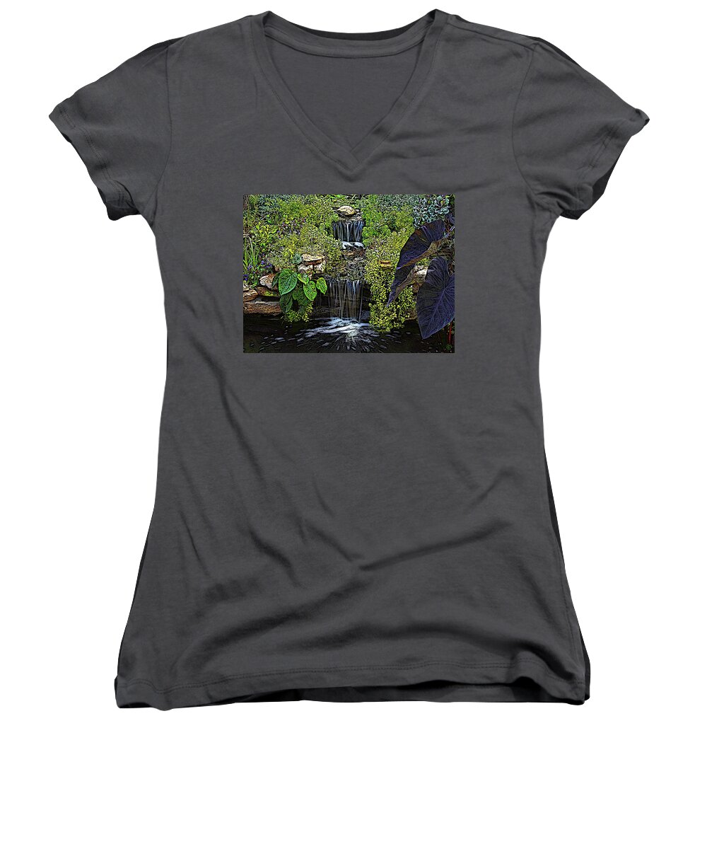 Waterfall Women's V-Neck featuring the digital art A Quiet Place #2 by Ben Freeman