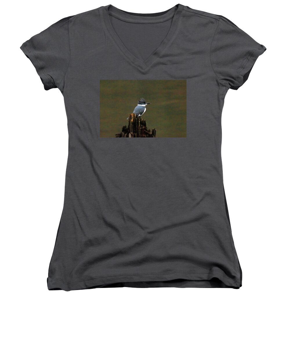 Belted Kingfisher Women's V-Neck featuring the photograph Belted Kingfisher #2 by Jeff Swan