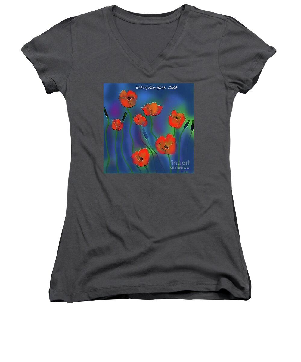 New Year Greetings Women's V-Neck featuring the digital art 2020 by Latha Gokuldas Panicker