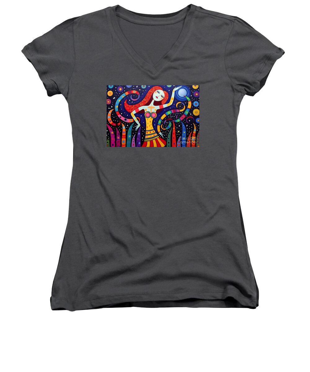 3d Very Bright And Colorful Go Go Dancer Art Women's V-Neck featuring the painting 3d very bright and colorful go go dancer by Asar Studios by Celestial Images