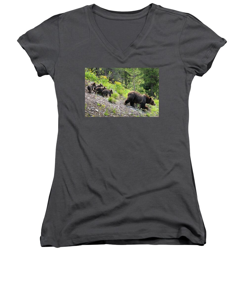 Bear Women's V-Neck featuring the photograph 4 Cubs with Mama Grizzly Bear #399 by Wesley Aston