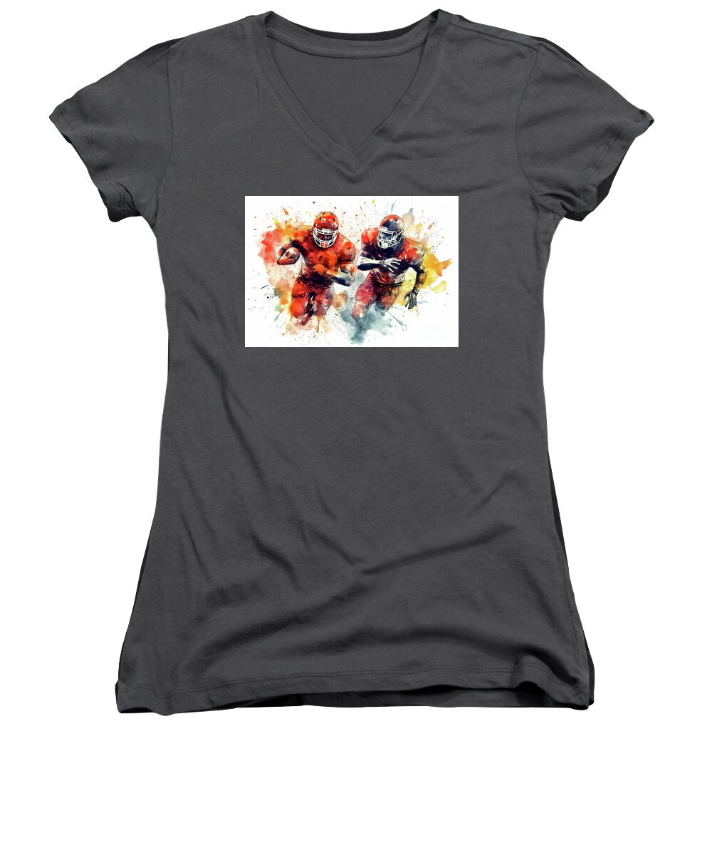 Ai Women's V-Neck featuring the digital art Watercolor abstract representation of American football. #4 by Odon Czintos