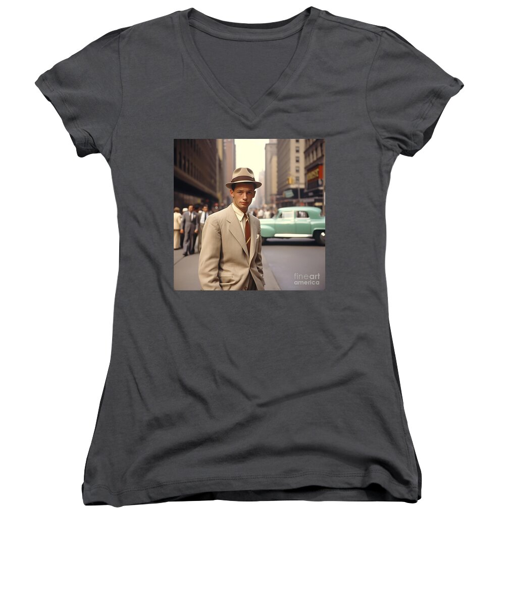 1950s New York. 1950s Movies. Photograph Of Fam Art Women's V-Neck featuring the painting 1950s new york. 1950s movies. photograph of fam by Asar Studios #7 by Celestial Images