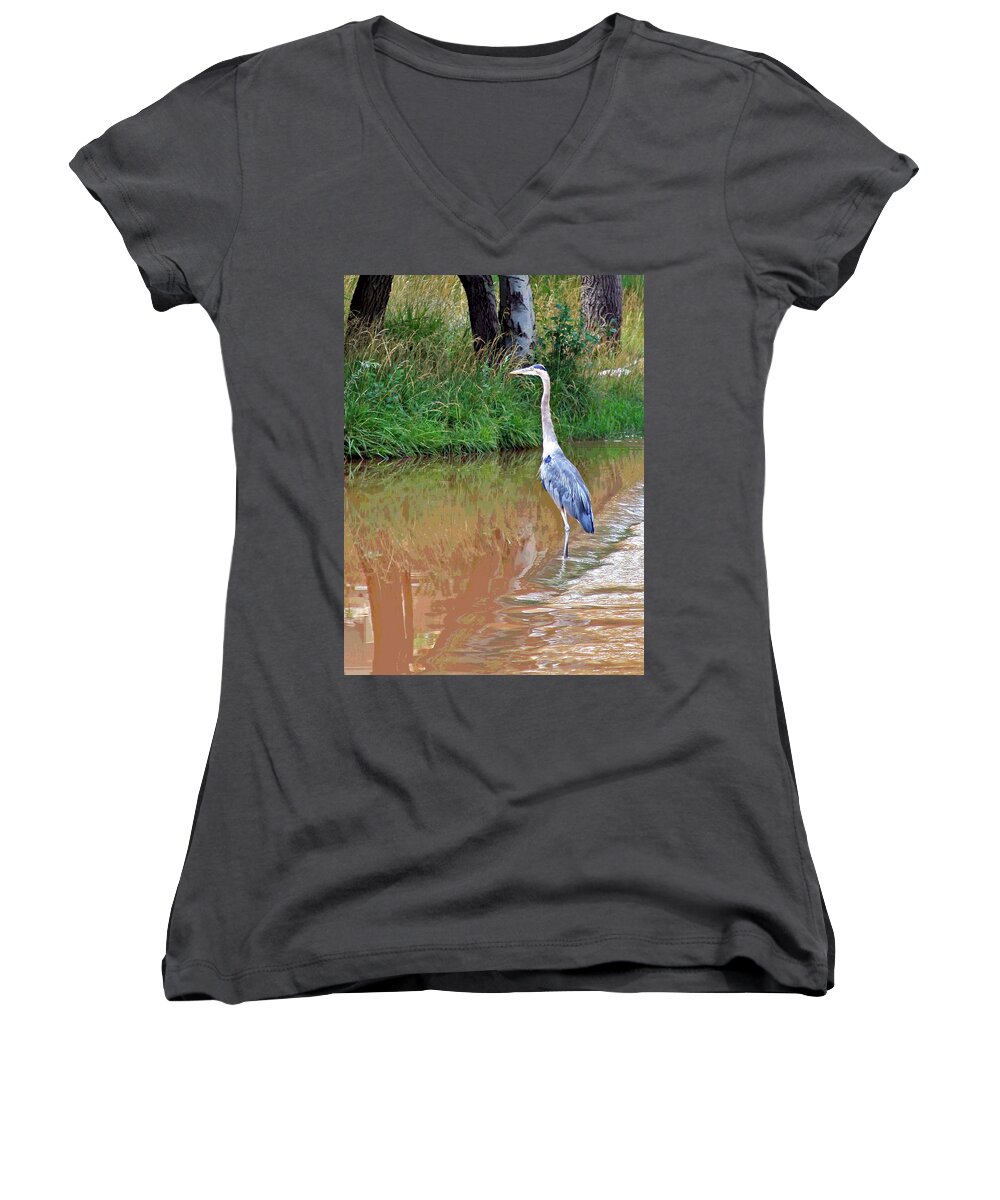 Bird Women's V-Neck featuring the photograph Blue Heron on the East Verde River by Matalyn Gardner