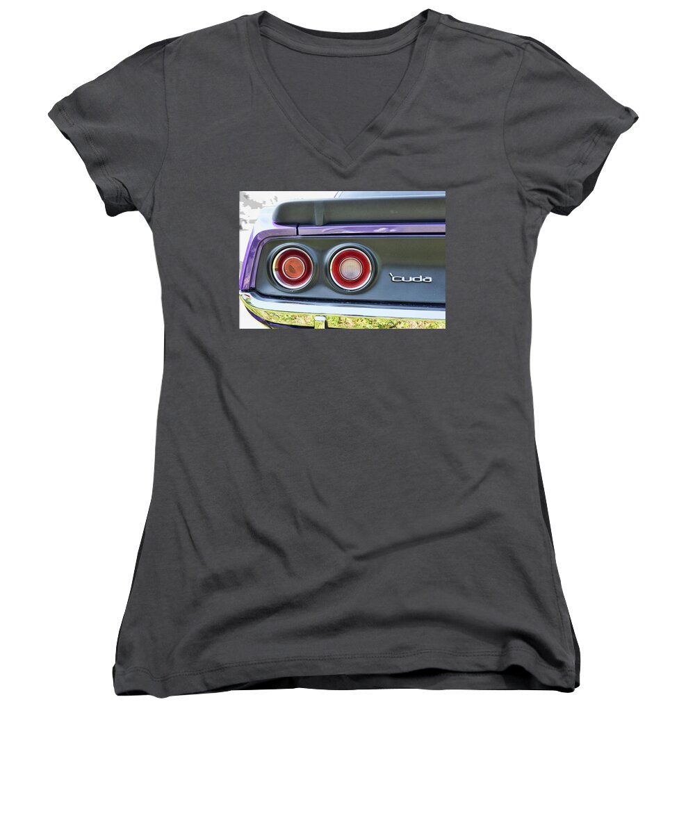 Retro Women's V-Neck featuring the photograph '71 Cuda taillights #71 by Danie Adams