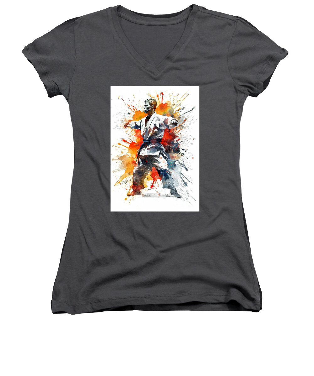 Karate Women's V-Neck featuring the digital art Colorful paint splashes during martial artist action. #8 by Odon Czintos