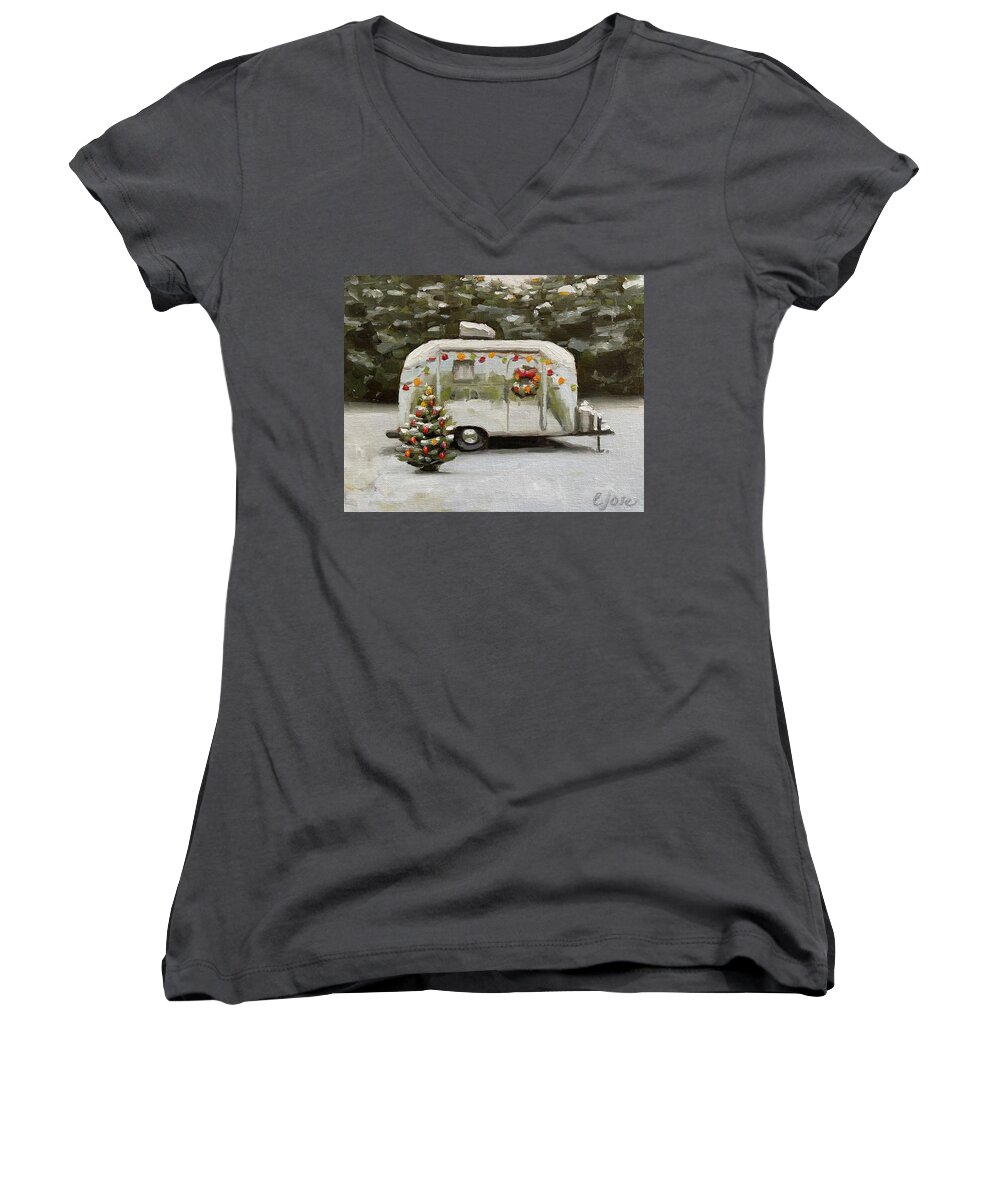 Vintage Trailer Women's V-Neck featuring the painting A Bambi for Christmas by Elizabeth Jose