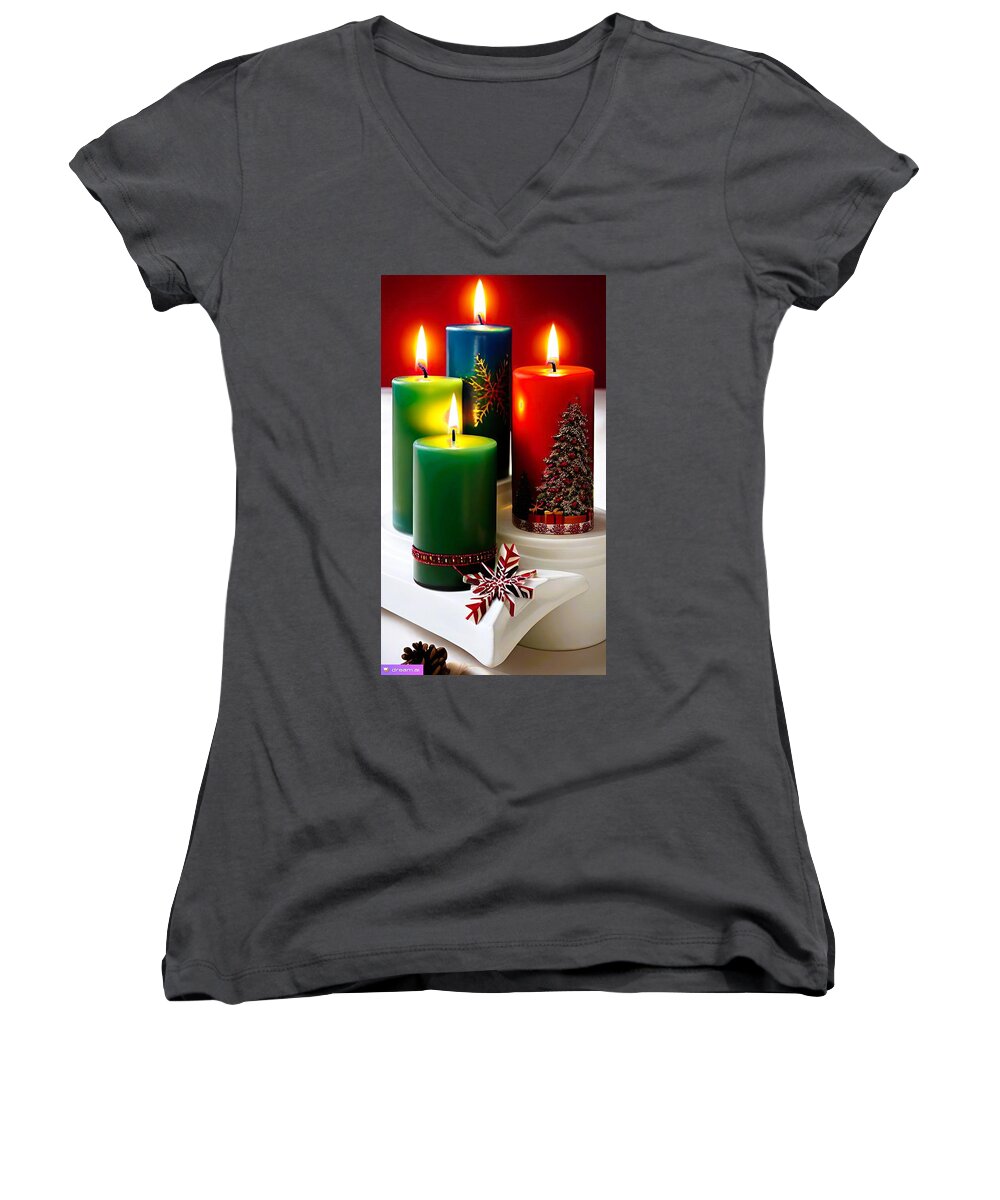 Candles Women's V-Neck featuring the digital art A I Holiday Candles 2 by Denise F Fulmer
