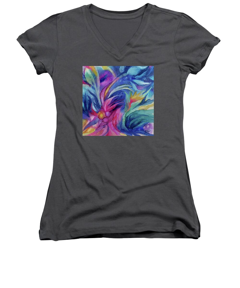 Big Rose Colored Flower Women's V-Neck featuring the painting Abstract Flowers #82 by Jean Batzell Fitzgerald
