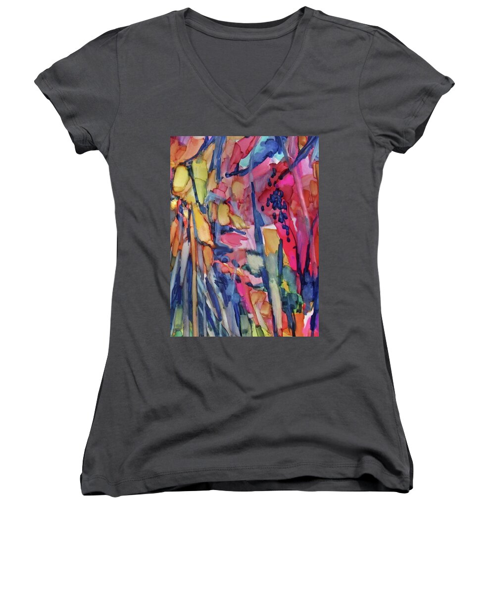 Alcohol Ink Women's V-Neck featuring the painting Abstract Forest-DETAIL by Jean Batzell Fitzgerald
