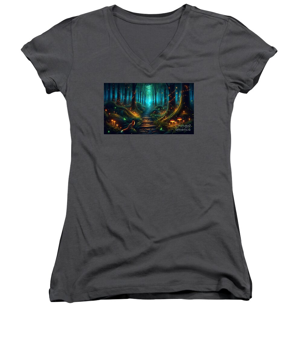 Enchanting Women's V-Neck featuring the digital art An enchanting forest scene with a fox gazing at a magical path lined by Odon Czintos