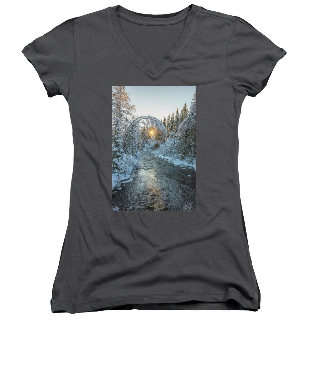 Sunrise Women's V-Neck featuring the photograph And we bow before you by Rose-Marie Karlsen