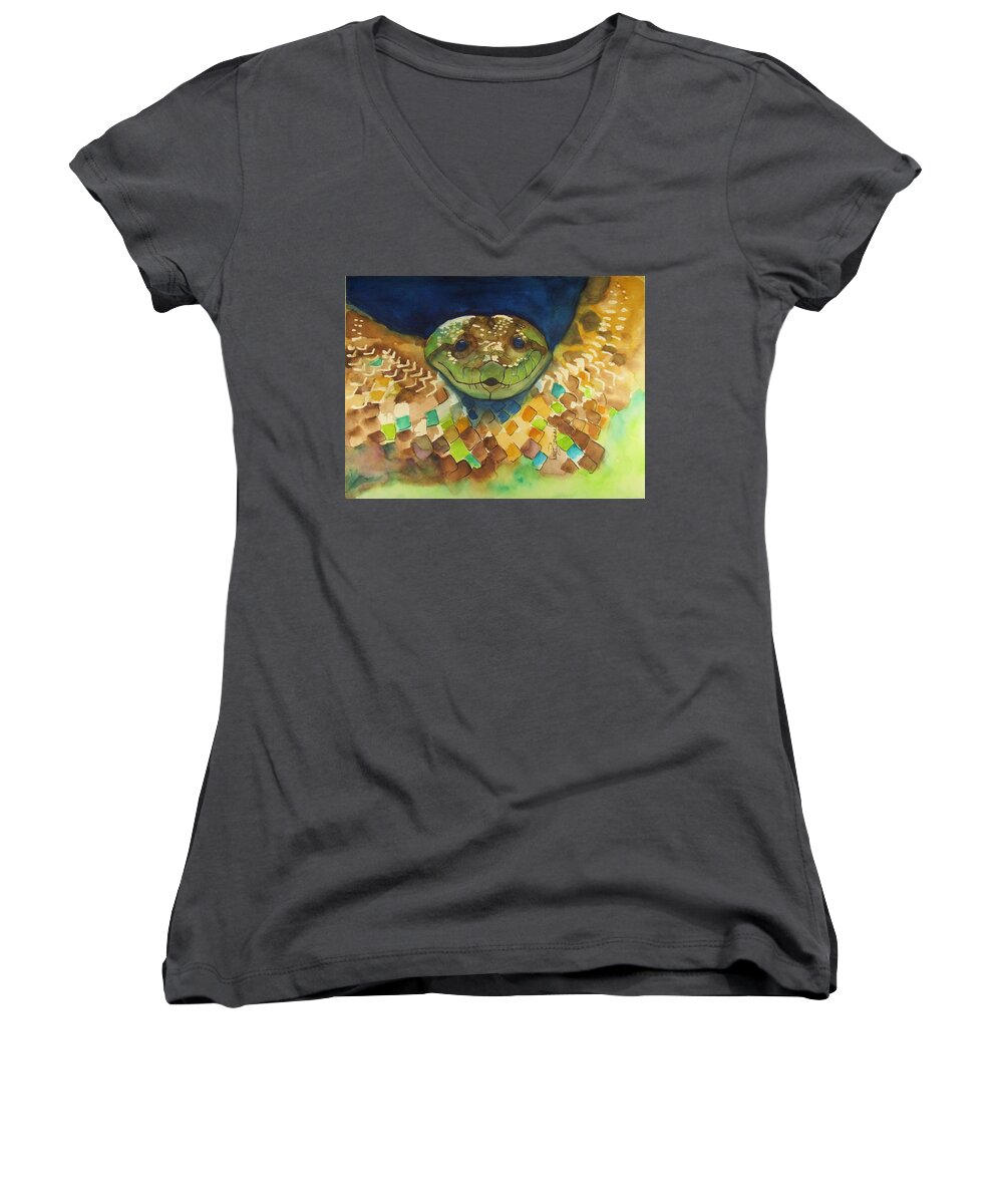 Anaconda Women's V-Neck featuring the painting Andy Conda by Dale Bernard
