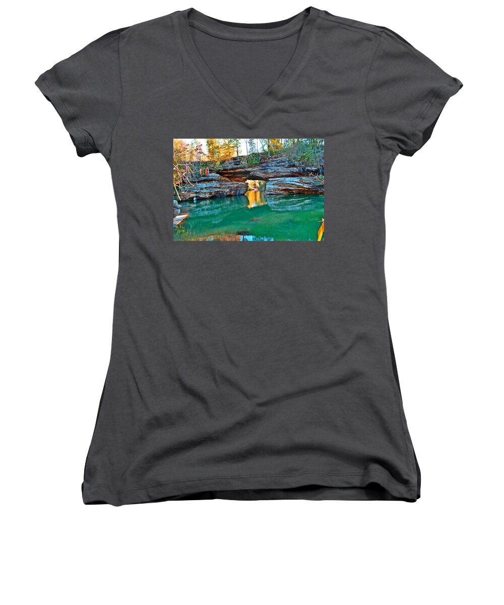 Arch Women's V-Neck featuring the photograph Archway over the Lake by Stacie Siemsen