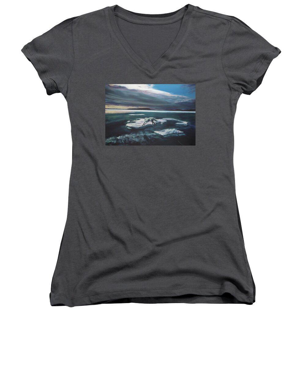 Realism Women's V-Neck featuring the painting Arctic Wolf by Sean Connolly