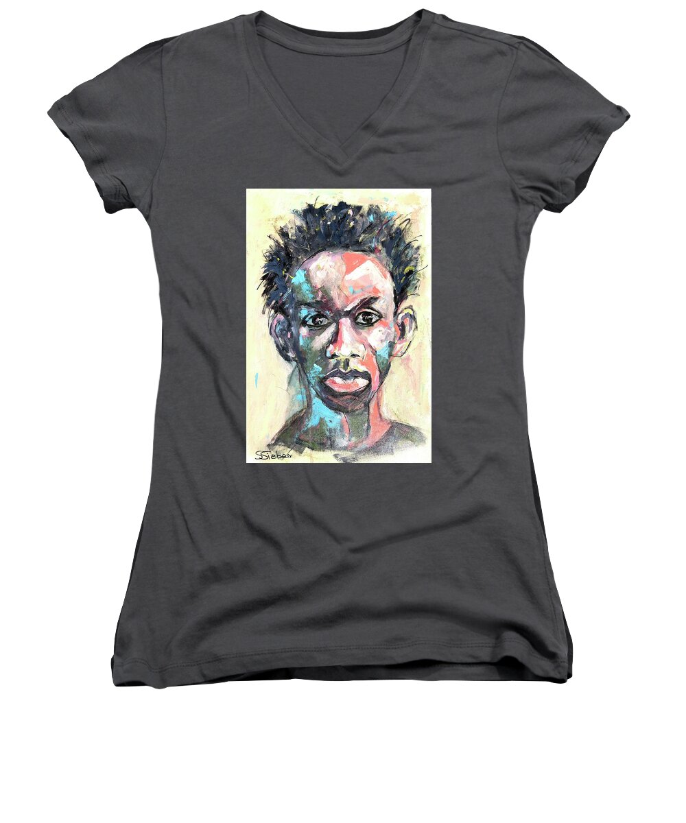 Male Face Women's V-Neck featuring the painting Are We There Yet by Sharon Sieben