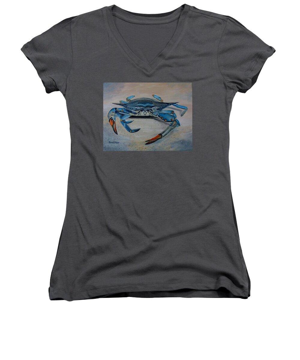 Blue Crab Women's V-Neck featuring the painting Atlantic Blue Crab by Julie Brugh Riffey