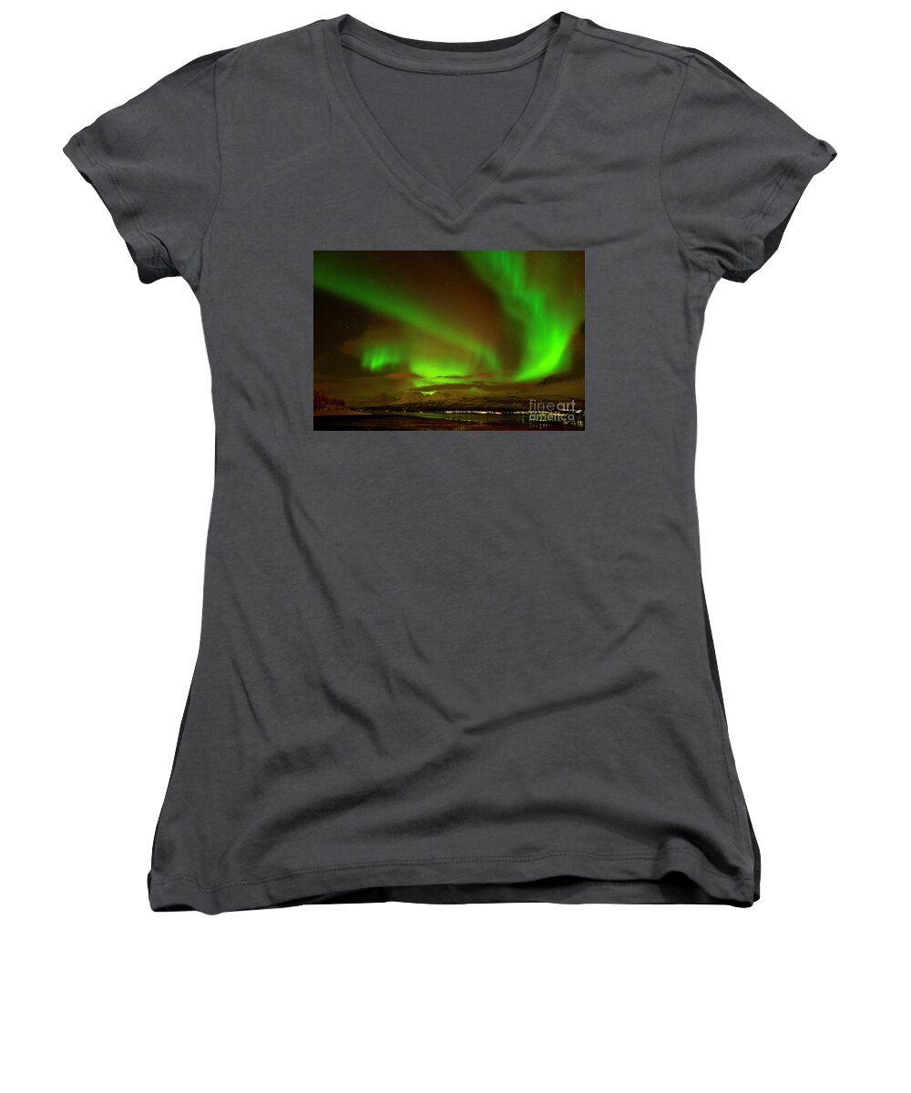 Northern Lights Women's V-Neck featuring the photograph Aurora borealis or northern lights ,Lyngen Alps, North Norway by Neale And Judith Clark