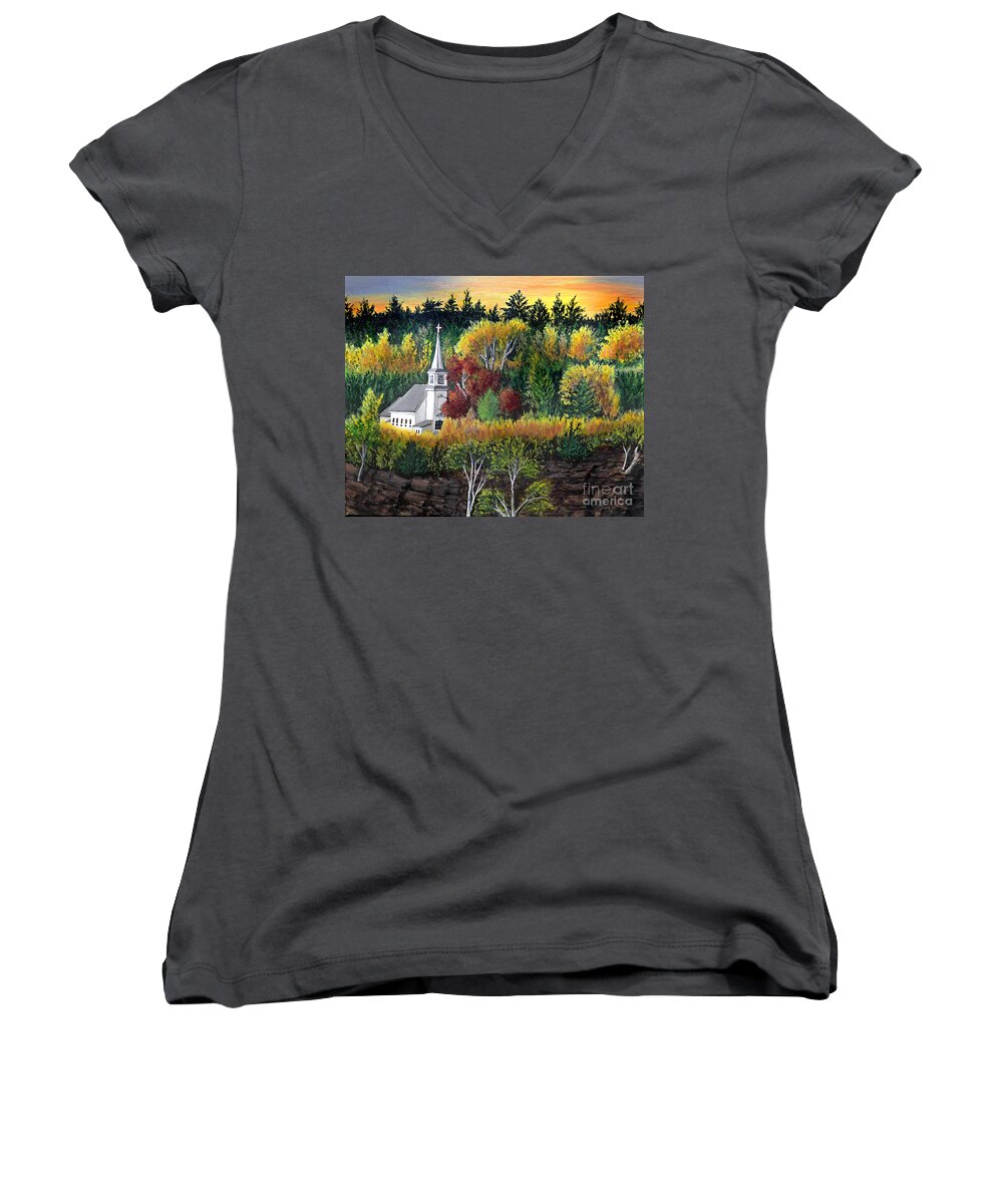 Church Women's V-Neck featuring the painting Autumn Church Sunset by Pat Davidson