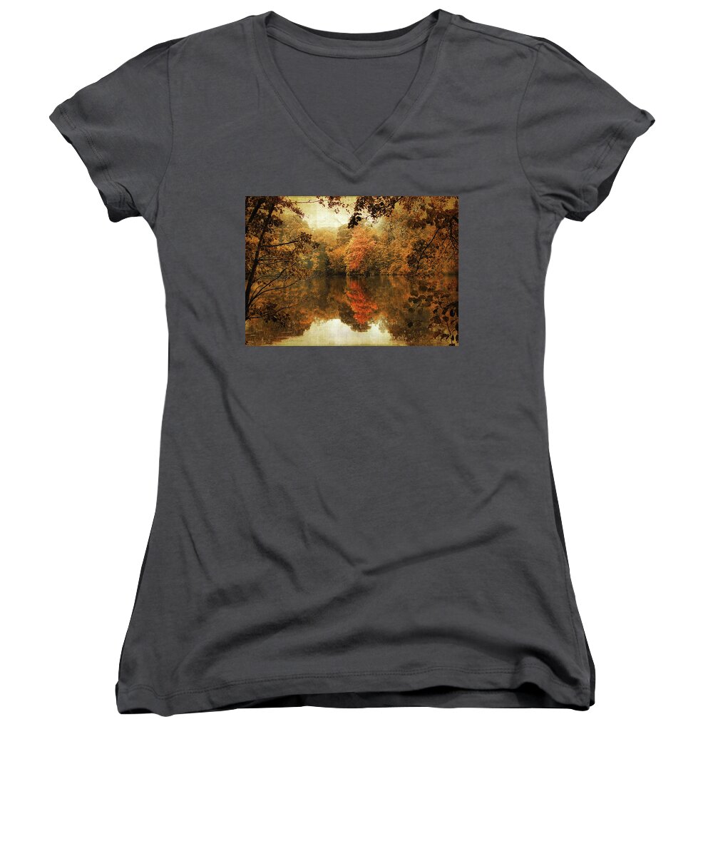 Autumn Women's V-Neck featuring the photograph Autumn Reflected by Jessica Jenney