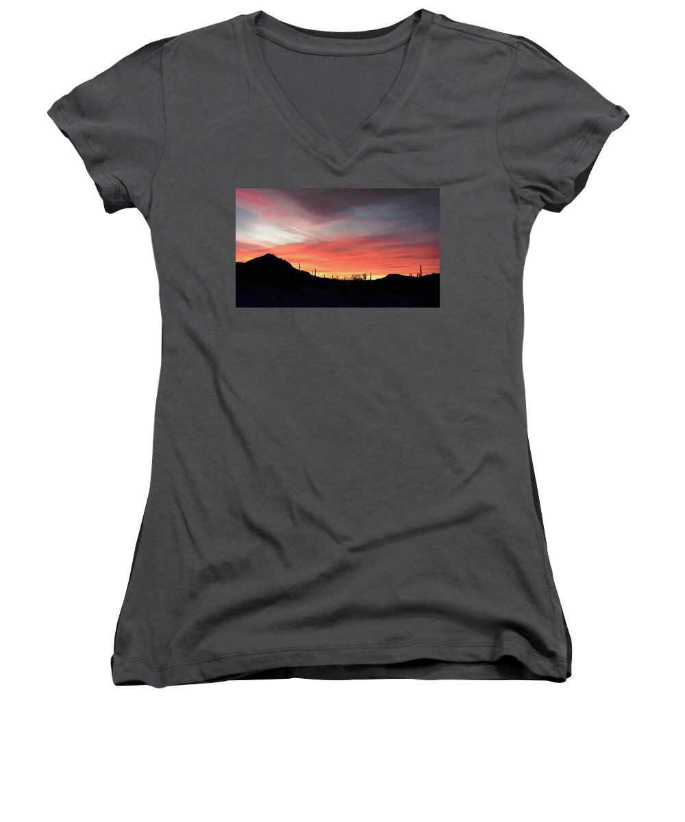 Black Cactus Women's V-Neck featuring the photograph Avra Valley Sunset by Steve Kelley