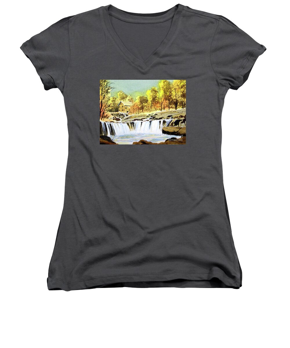 Babcock State Park Women's V-Neck featuring the painting Babcock State Park West Virginia by Bill Holkham