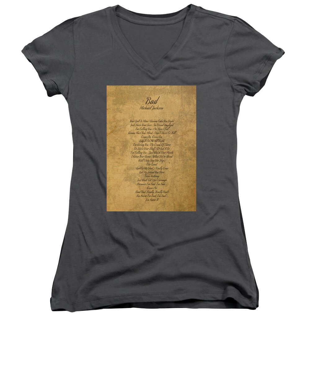 Bad Women's V-Neck featuring the mixed media Bad by Michael Jackson Vintage Song Lyrics on Parchment by Design Turnpike