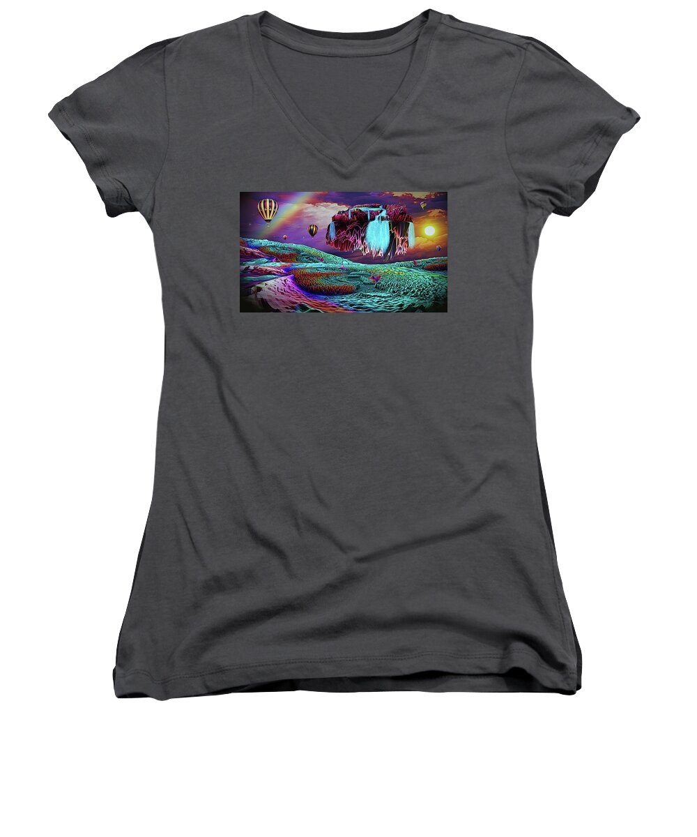 Art Women's V-Neck featuring the digital art Balloon Adventure Over Neverend Isle by Artful Oasis