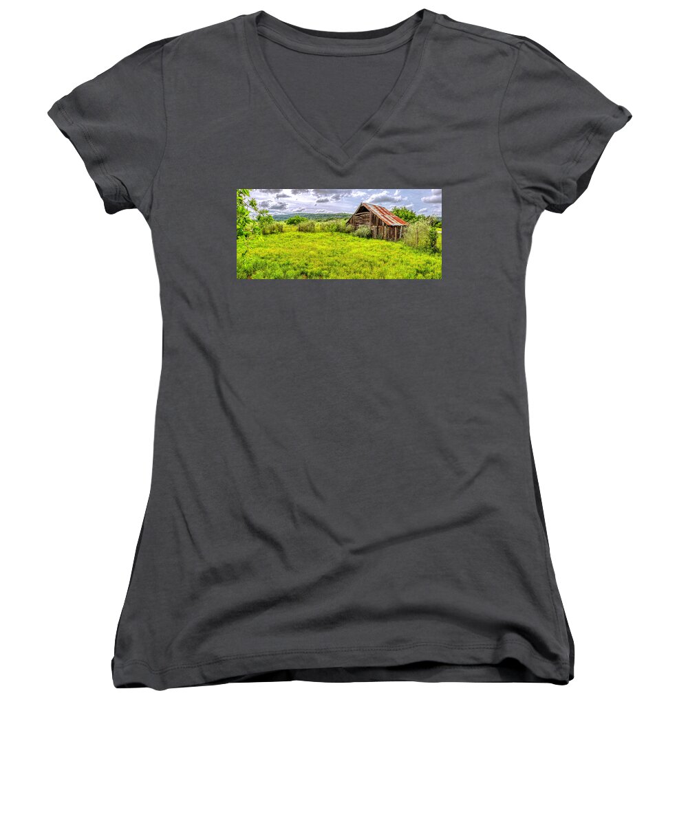 Barn Women's V-Neck featuring the photograph Barn on Click Gap Rd Panorama HDR by Greg Reed