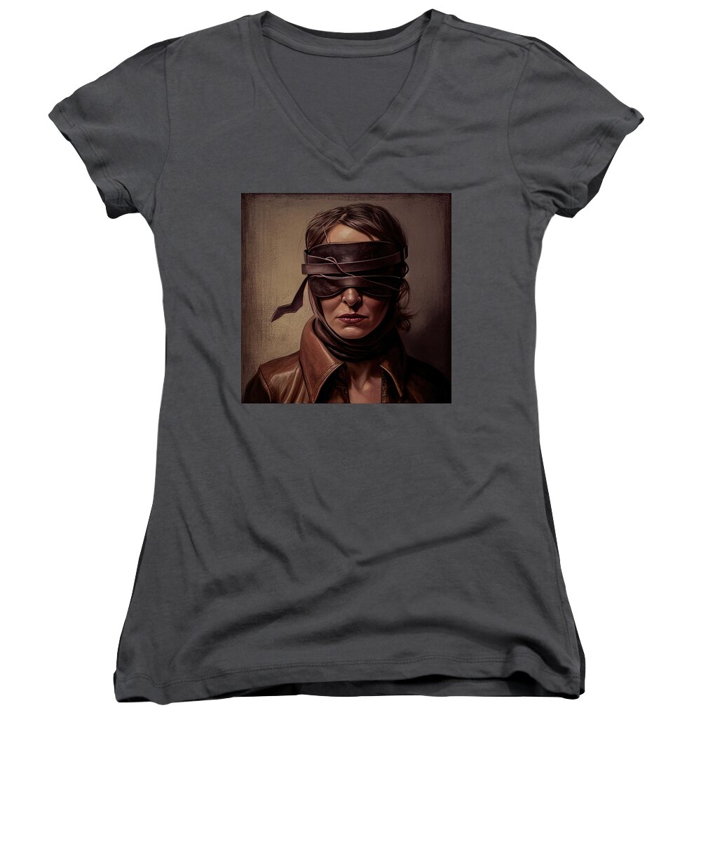 Beauty Women's V-Neck featuring the painting Beauty in Leather No.7 by My Head Cinema
