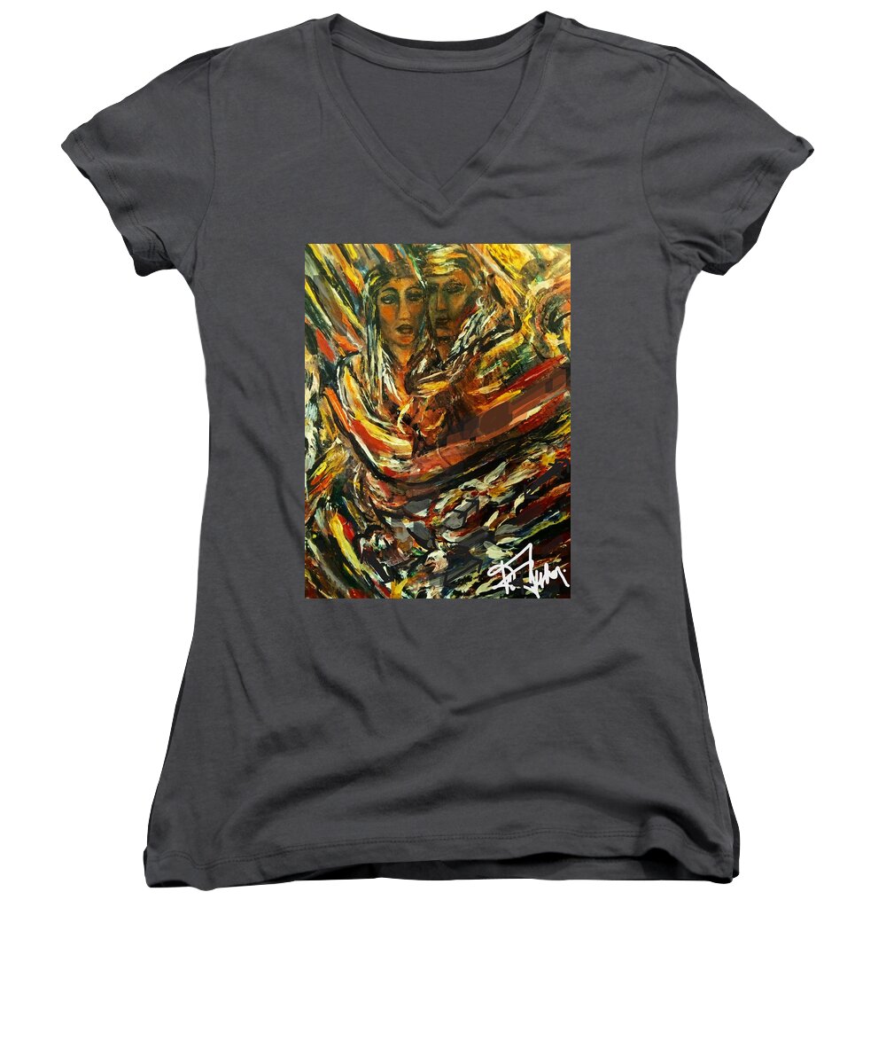 Nancy Ward Women's V-Neck featuring the painting Beloved Woman by Dawn Caravetta Fisher