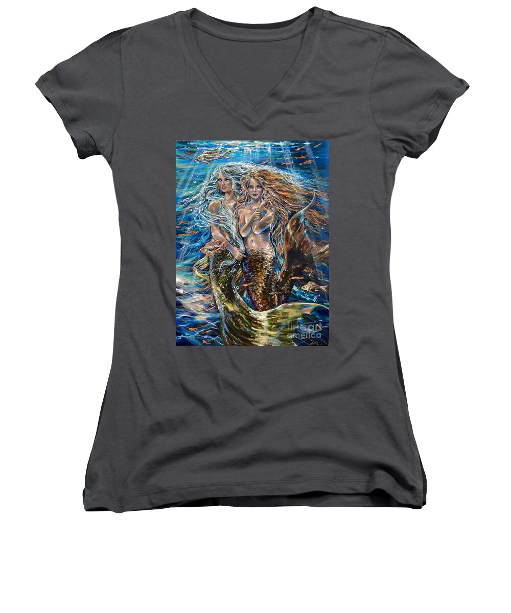 Mermaid Women's V-Neck featuring the painting Best Friends by Linda Olsen