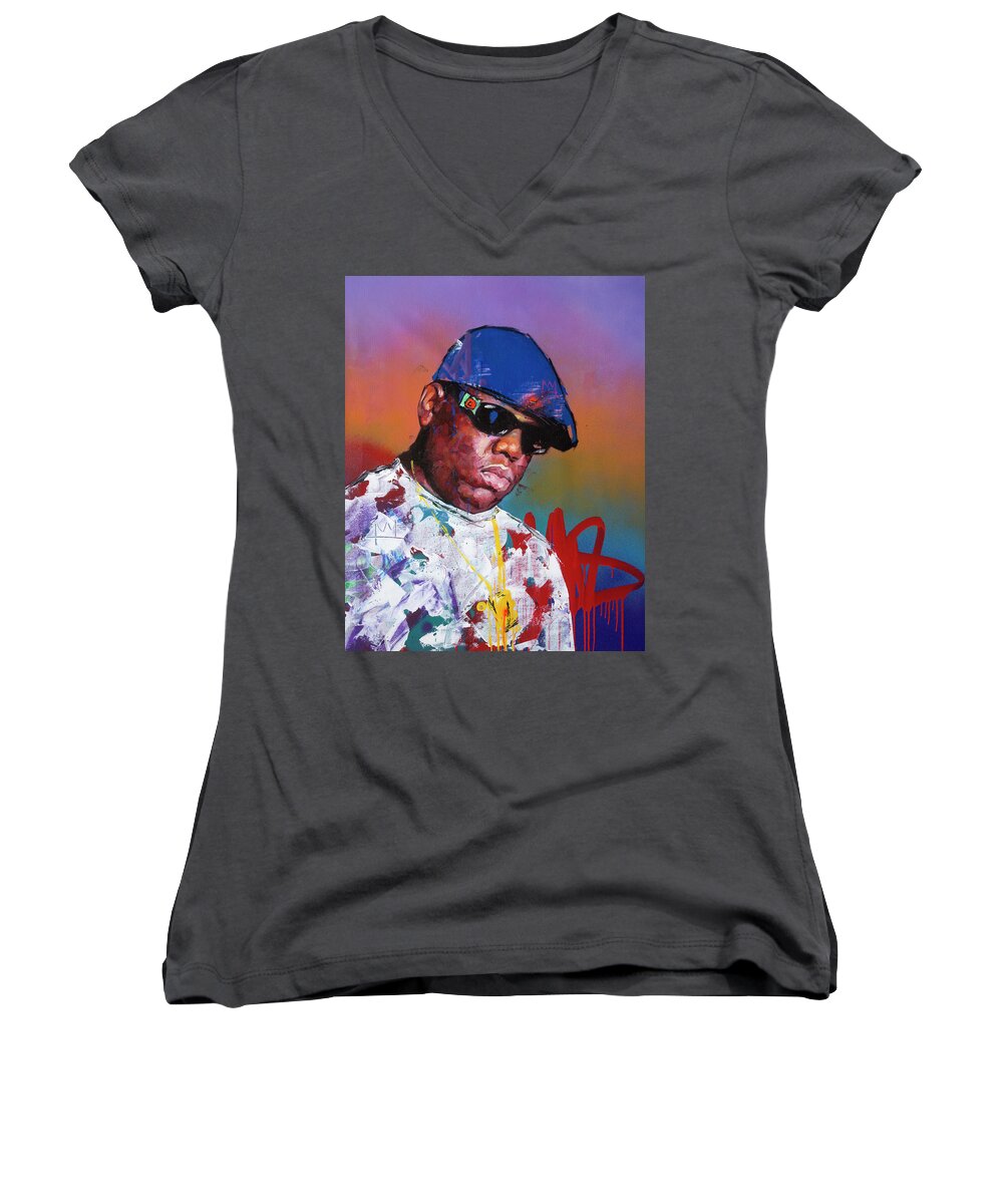 Biggie Women's V-Neck featuring the painting Biggie Smalls by Richard Day