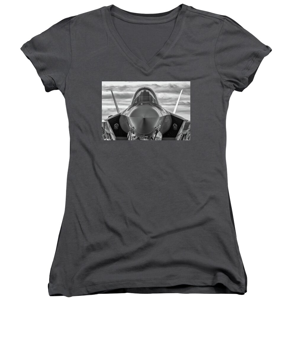 F35 Women's V-Neck featuring the photograph Black and White Stealth by Chris Buff