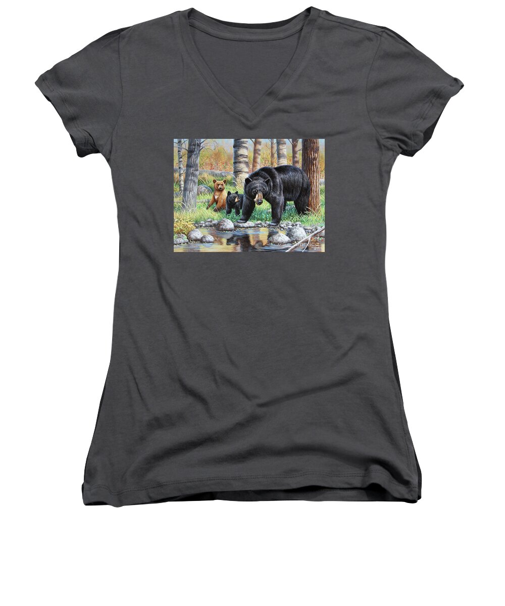 Cynthie Fisher Women's V-Neck featuring the painting Black Bear Family by Cynthie Fisher