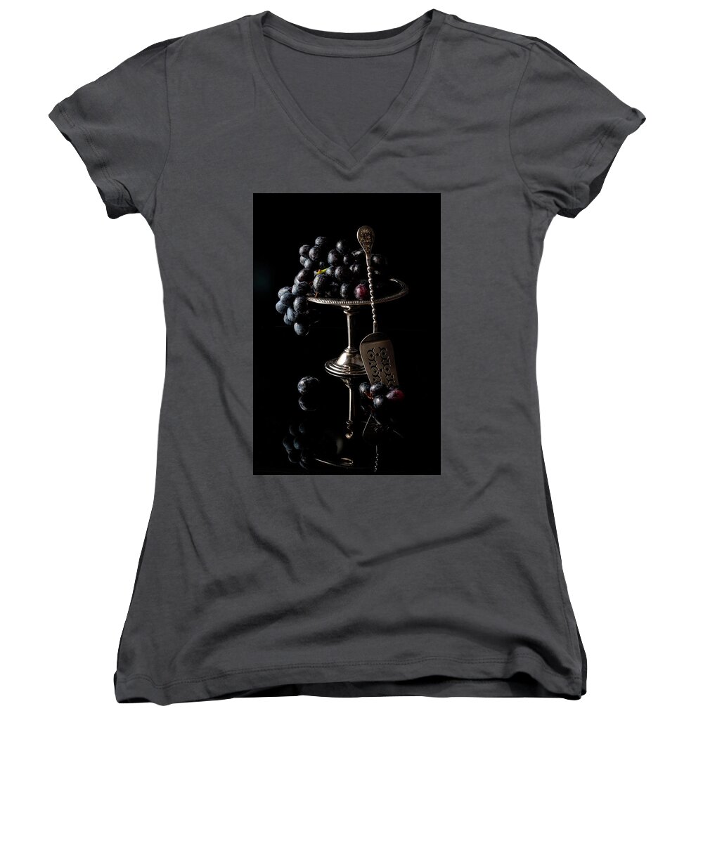 Still Life Women's V-Neck featuring the photograph Black Grapes Still Life Art Photo by Lily Malor