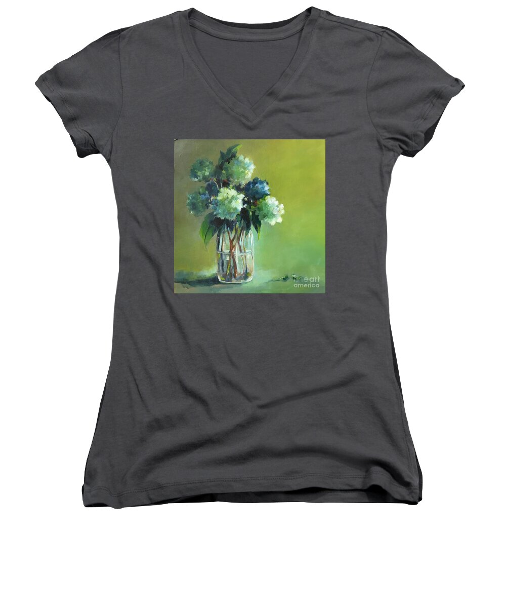 Hydrangea Women's V-Neck featuring the painting Blue Hydrangeas by Michelle Abrams