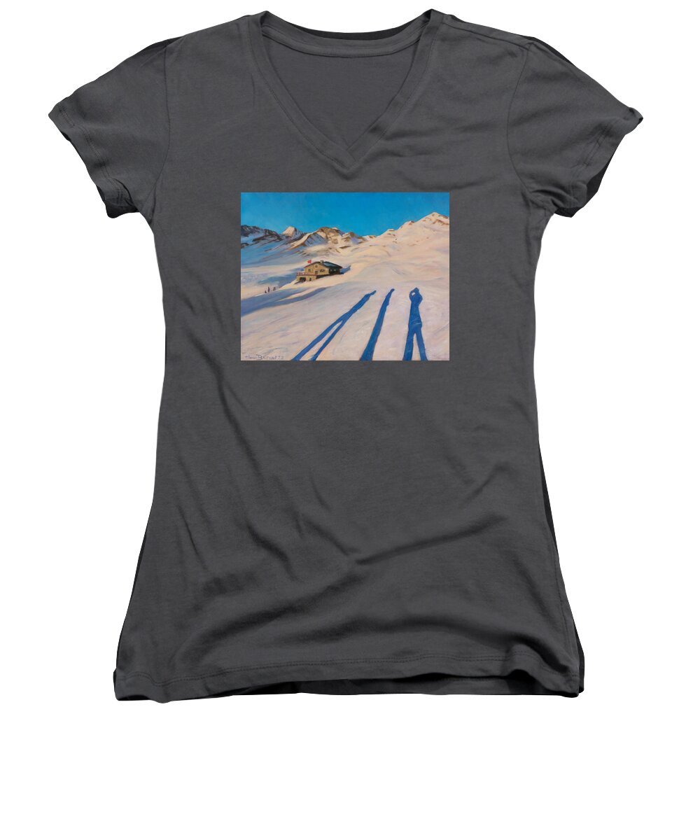 Snow Women's V-Neck featuring the painting Blue shadows by Marco Busoni