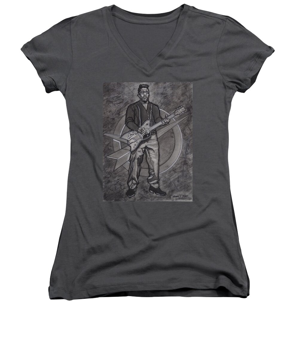 Bo Diddley Women's V-Neck featuring the drawing Bo Diddley - Have Guitar Will Travel by Sean Connolly