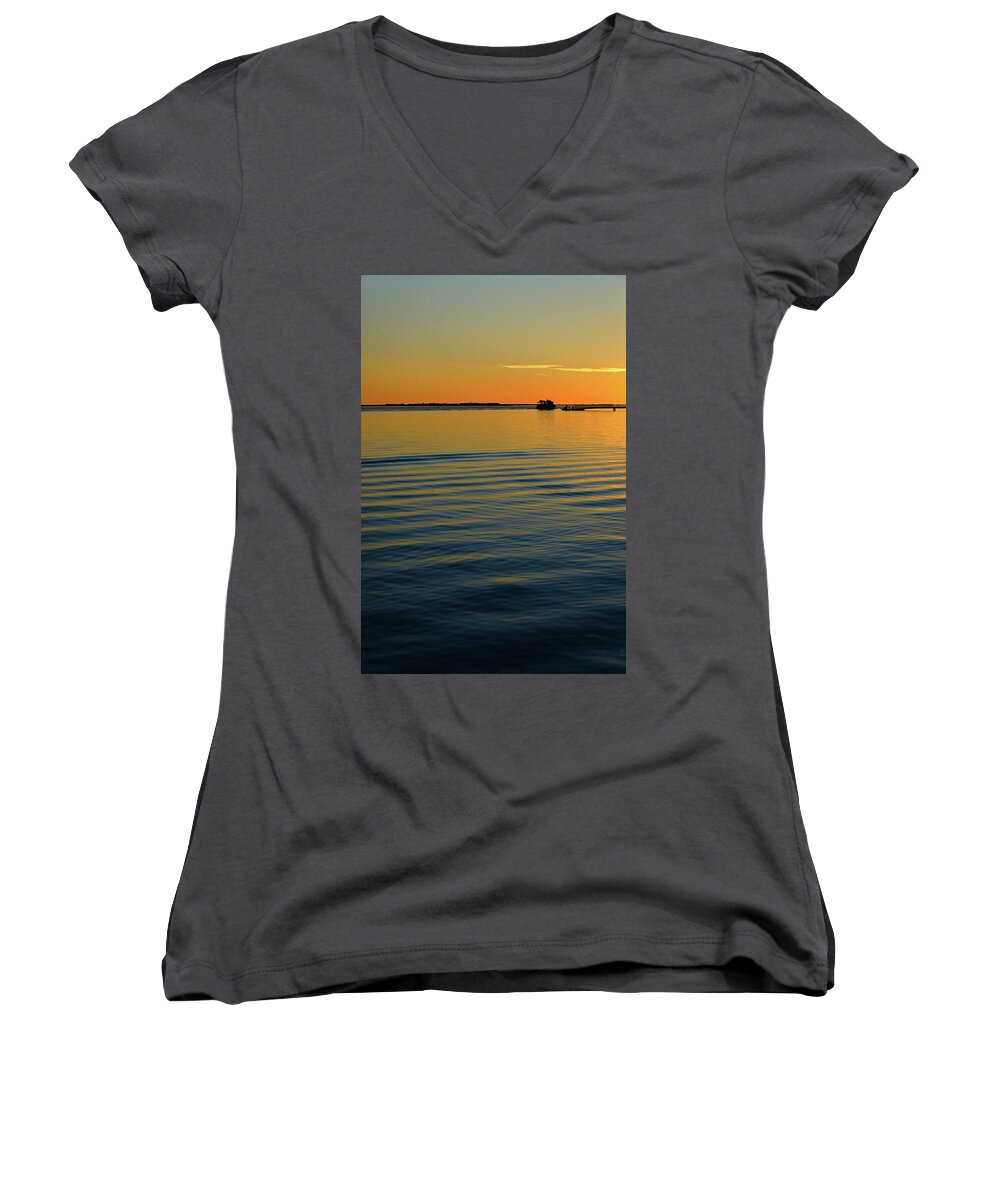 Ria Formosa Women's V-Neck featuring the photograph Boat and dock at dusk by Angelo DeVal