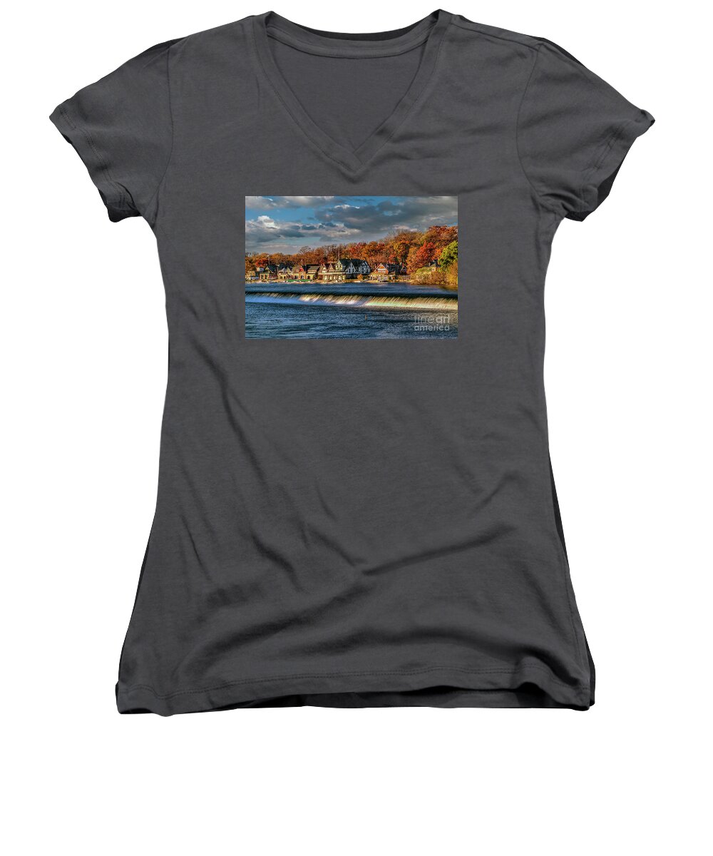 Boathouse Row Women's V-Neck featuring the photograph Boathouse Row Water flowing Philadelphia by David Zanzinger