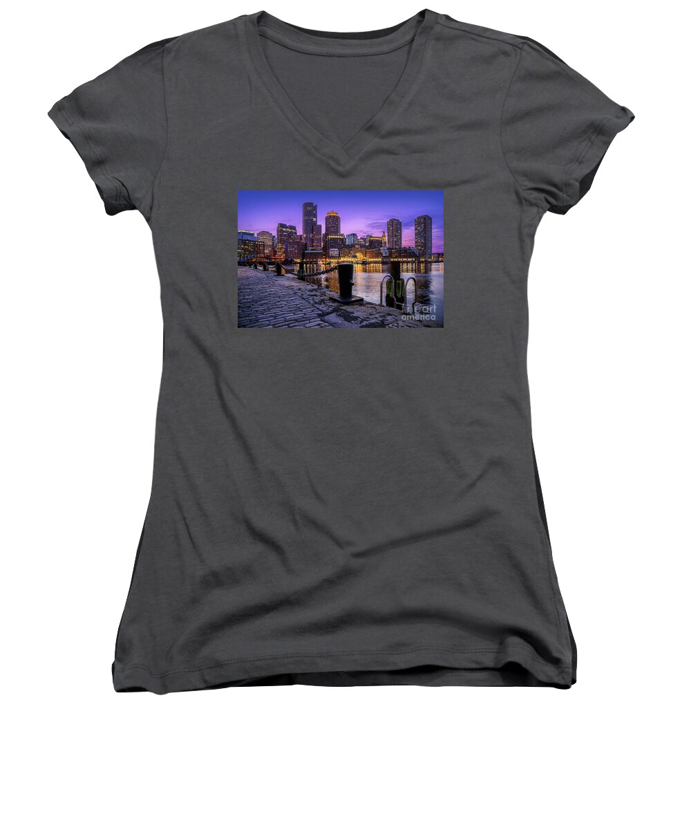 Architectural Women's V-Neck featuring the photograph Boston Skyline at Twilight by Jerry Fornarotto